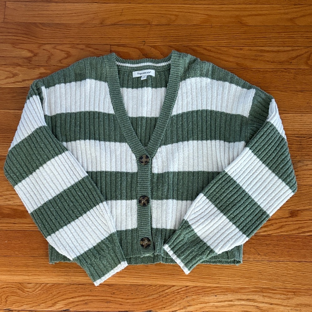 Green and off-White Striped Cardigan